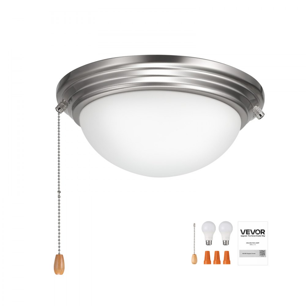 VEVOR Ceiling Fan Light Kit, 750lm 3000K Fan Light Kit with Pull Chain, 2 LED Bulbs, Modern Replacement Fixture for Living Room, Dining Room, Bedroom, Frosted Milk Glass Shade Brushed Nickel Finish