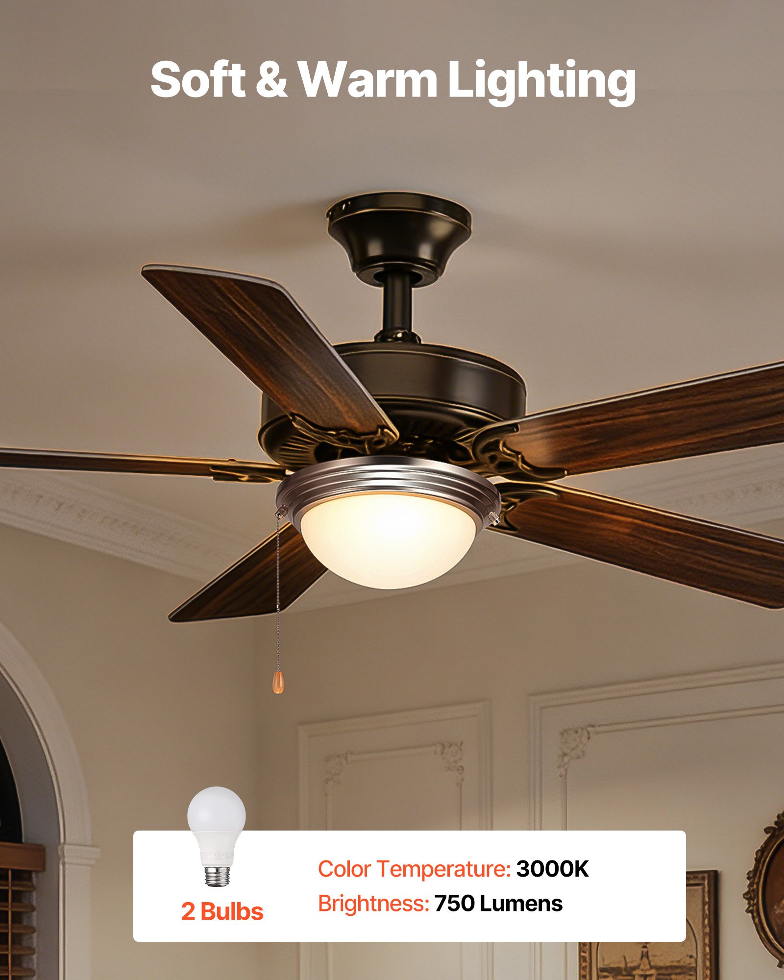 VEVOR Ceiling Fan Light Kit, 750lm 3000K Fan Light Kit with Pull Chain, 2 LED Bulbs, Modern Replacement Fixture for Living Room, Dining Room, Bedroom, Frosted Milk Glass Shade Brushed Nickel Finish