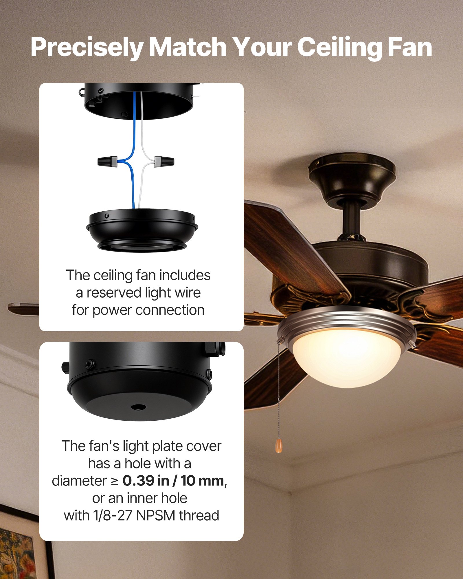 VEVOR Ceiling Fan Light Kit, 750lm 3000K Fan Light Kit with Pull Chain, 2 LED Bulbs, Modern Replacement Fixture for Living Room, Dining Room, Bedroom, Frosted Milk Glass Shade Brushed Nickel Finish
