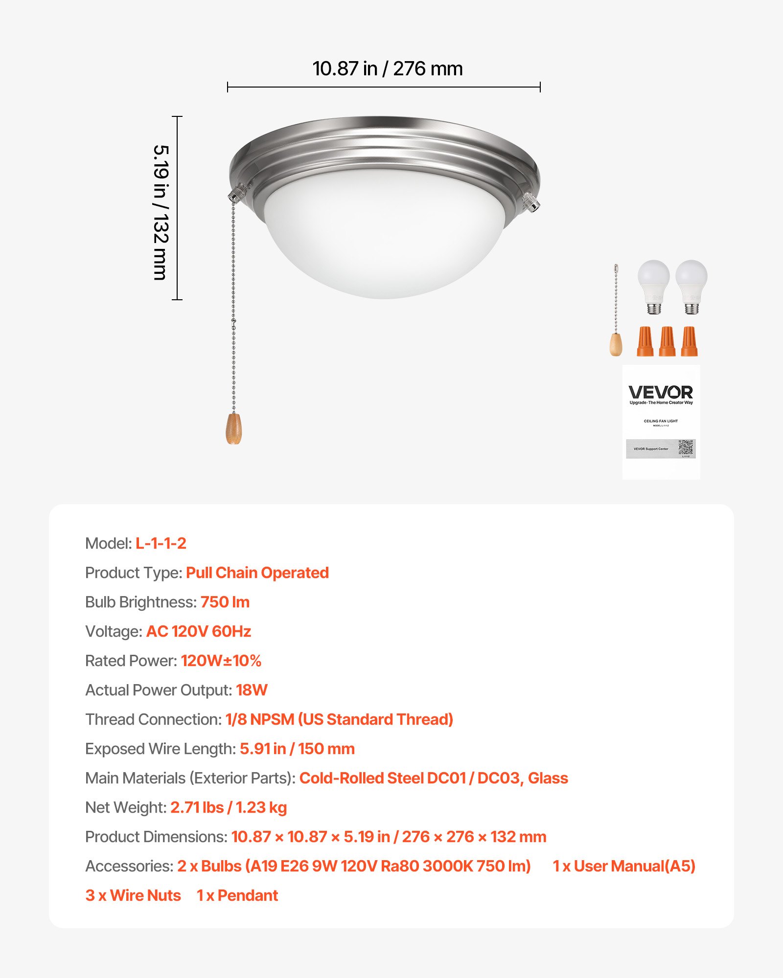 VEVOR Ceiling Fan Light Kit, 750lm 3000K Fan Light Kit with Pull Chain, 2 LED Bulbs, Modern Replacement Fixture for Living Room, Dining Room, Bedroom, Frosted Milk Glass Shade Brushed Nickel Finish