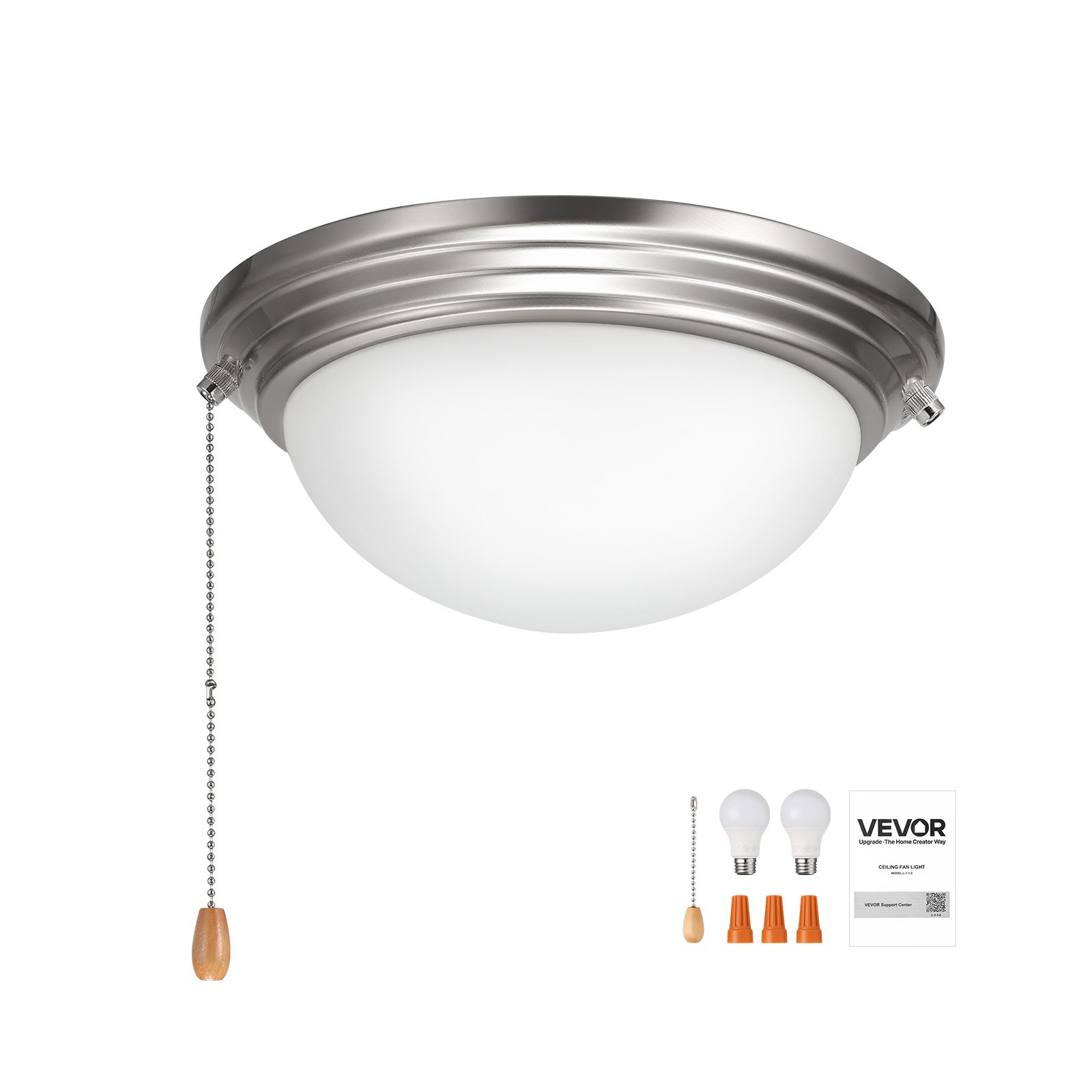 VEVOR Ceiling Fan Light Kit, 750lm 3000K Fan Light Kit with Pull Chain, 2 LED Bulbs, Modern Replacement Fixture for Living Room, Dining Room, Bedroom, Frosted Milk Glass Shade Brushed Nickel Finish