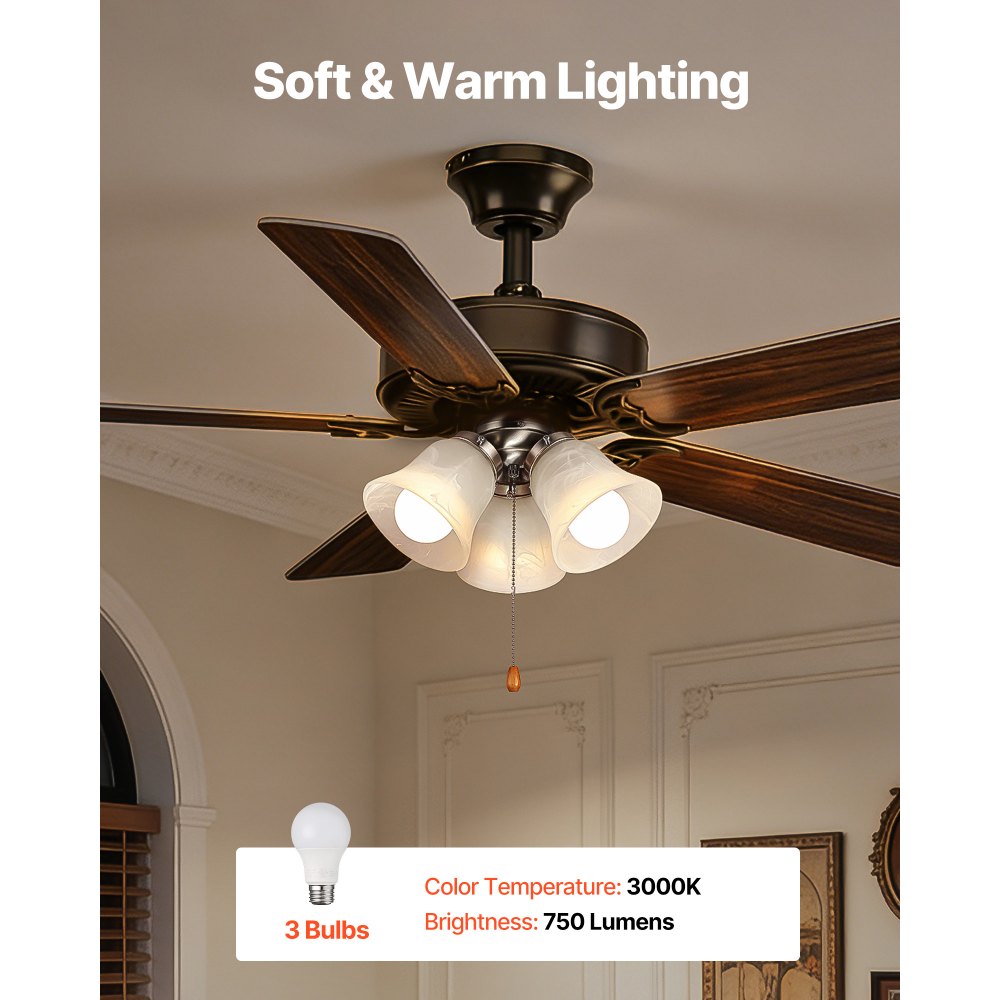 VEVOR Ceiling Fan Light Kit, Three-Light 3000K 750lm Fan Light Kit with Pull Chain, Replacement Fixture for Living Room, Bedroom, Dining Room, Home Decor, Cloud White Glass & Brushed Nickel Finish