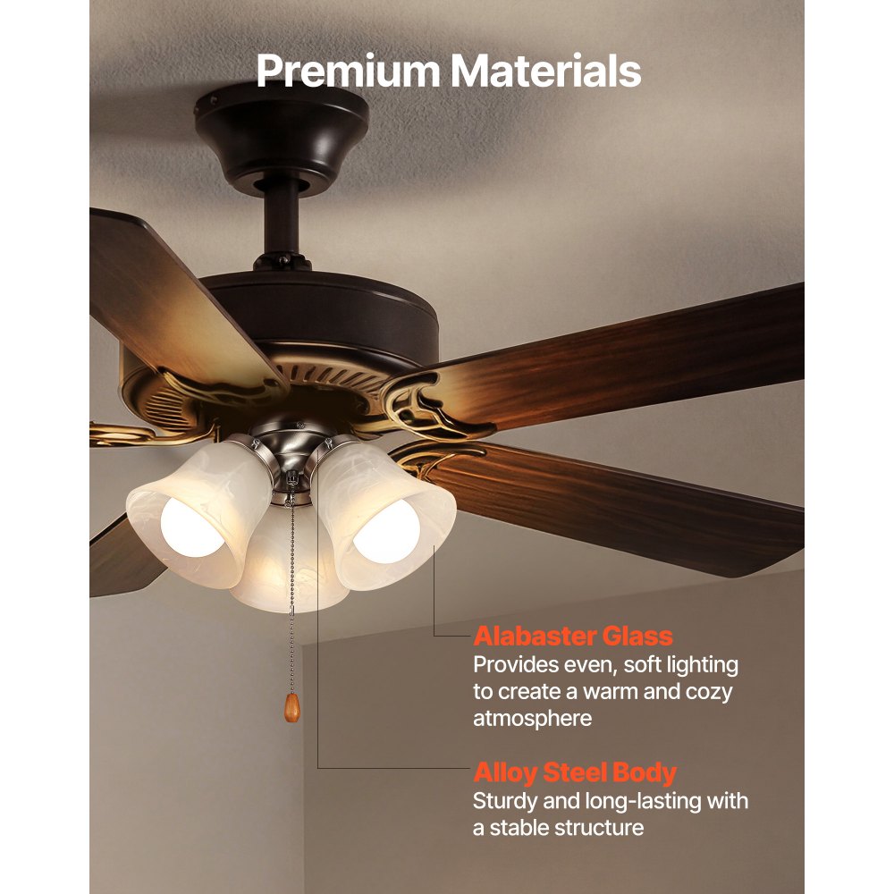 VEVOR Ceiling Fan Light Kit, Three-Light 3000K 750lm Fan Light Kit with Pull Chain, Replacement Fixture for Living Room, Bedroom, Dining Room, Home Decor, Cloud White Glass & Brushed Nickel Finish