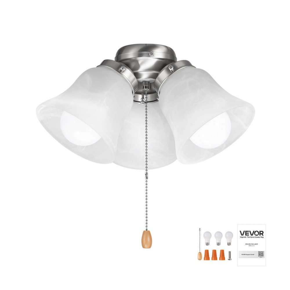 VEVOR Ceiling Fan Light Kit, Three-Light 3000K 750lm Fan Light Kit with Pull Chain, Replacement Fixture for Living Room, Bedroom, Dining Room, Home Decor, Cloud White Glass & Brushed Nickel Finish