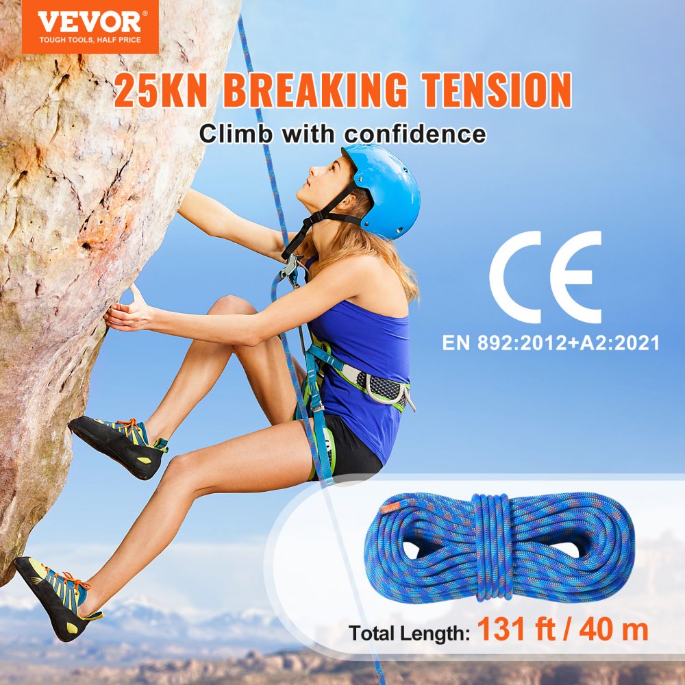 VEVOR 10.2mm Dynamic Climbing Rope, 40M(131ft) Outdoor Rock Climbing Rope 25KN Breaking Tension, Stretchable Fiber Rope with Steel Snap Hooks for Escape, Rappelling, Fire Rescue, Blue