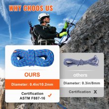 VEVOR 10.2mm Dynamic Climbing Rope, 40M(131ft) Outdoor Rock Climbing Rope 25KN Breaking Tension, Fiber Rope with Steel Snap Hooks for Escape, Rappelling, Fire Rescue, Blue