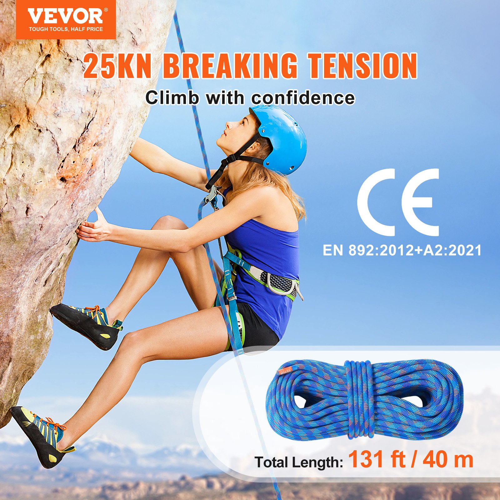 VEVOR 10.2mm Dynamic Climbing Rope, 40M(131ft) Outdoor Rock Climbing Rope 25KN Breaking Tension, Stretchable Fiber Rope with Steel Snap Hooks for Escape, Rappelling, Fire Rescue, Blue
