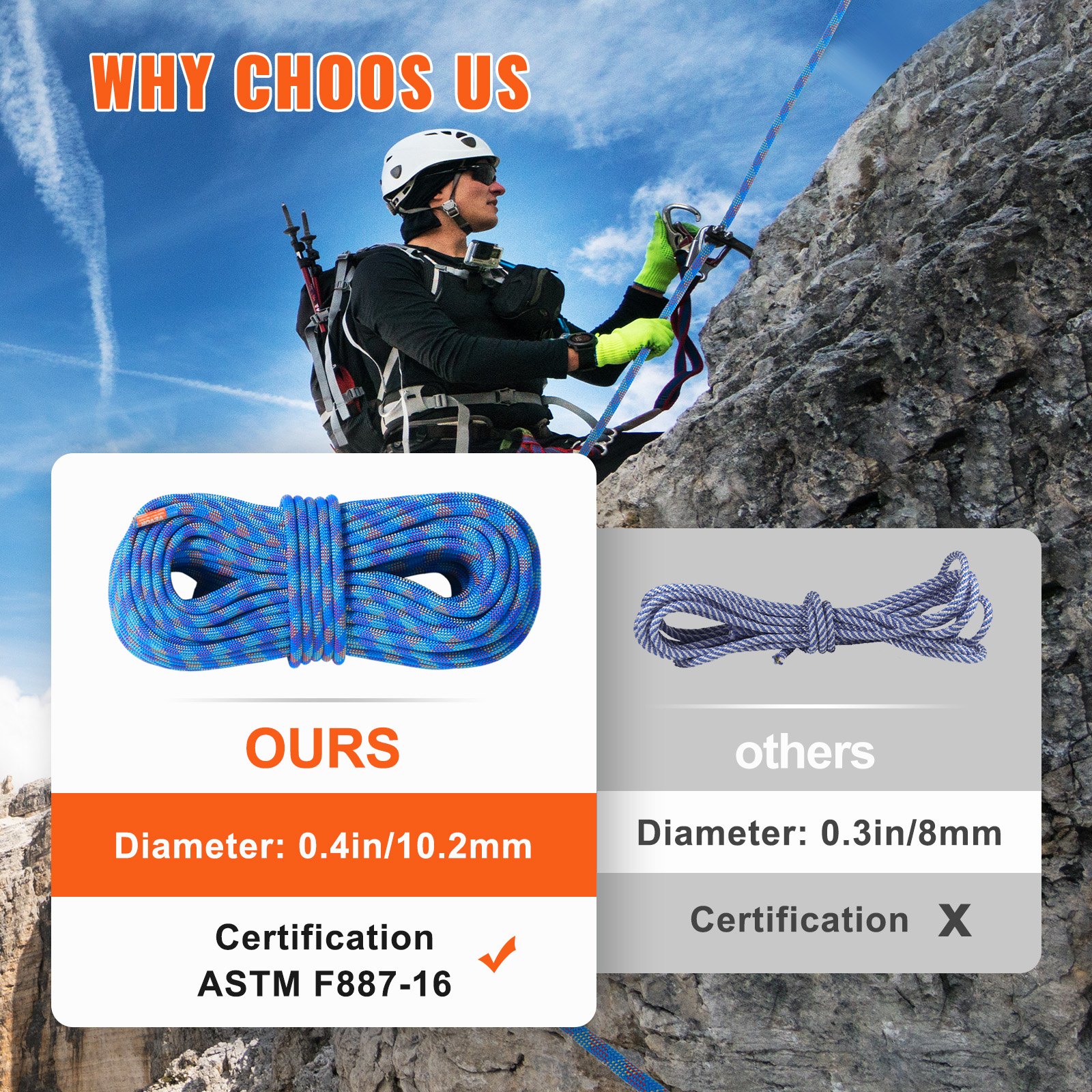 VEVOR 10.2mm Dynamic Climbing Rope, 40M(131ft) Outdoor Rock Climbing Rope 25KN Breaking Tension, Stretchable Fiber Rope with Steel Snap Hooks for Escape, Rappelling, Fire Rescue, Blue