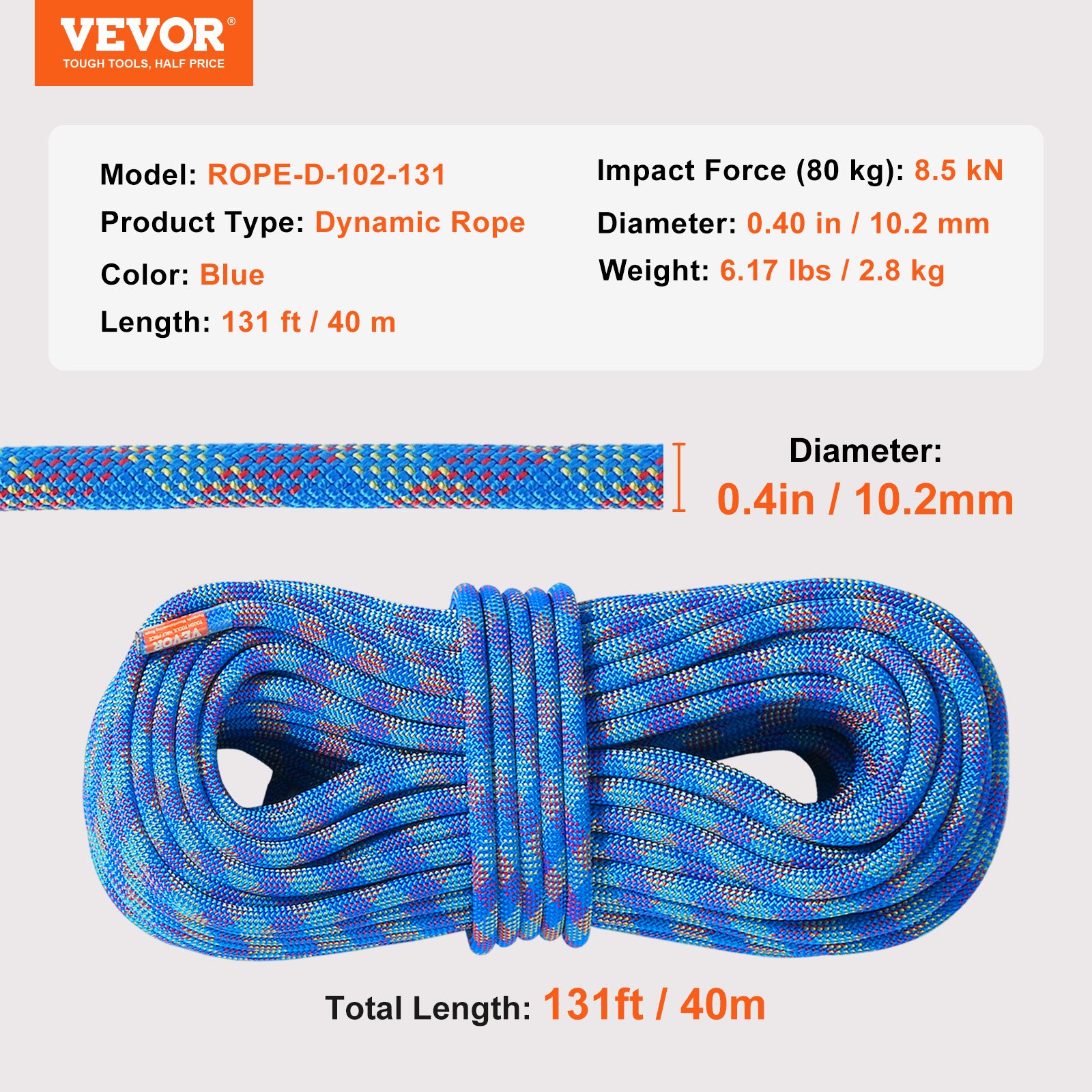 VEVOR 10.2mm Dynamic Climbing Rope, 40M(131ft) Outdoor Rock Climbing Rope 25KN Breaking Tension, Stretchable Fiber Rope with Steel Snap Hooks for Escape, Rappelling, Fire Rescue, Blue