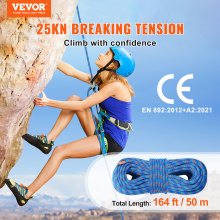 VEVOR 10.2mm Dynamic Climbing Rope, 50M(164ft) Outdoor Rock Climbing Rope 25KN Breaking Tension, Fiber Rope with Steel Snap Hooks for Escape, Rappelling, Fire Rescue, Blue