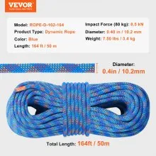 VEVOR 10.2mm Dynamic Climbing Rope 50M(164ft) Outdoor Rock Climbing Rope Blue