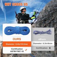 VEVOR 10.2mm Dynamic Climbing Rope, 60M(197ft) Outdoor Rock Climbing Rope 25KN Breaking Tension, Fiber Rope with Steel Snap Hooks for Escape, Rappelling, Fire Rescue, Blue