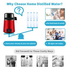 VEVOR Water Distiller, 1 L/H, 4L Distilled Water Maker w/ 0-99 H Timing, 750W Countertop Water Purifier w/Dual Temp Display, Glass Carafe Cleaning Powder 3 Carbon Packs Equipped, Red