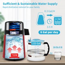 VEVOR Water Distiller, 1 L/H, 4L Distilled Water Maker w/ 0-99 H Timing, 750W Countertop Water Purifier w/ Dual Temp Display, Glass Carafe Cleaning Powder 3 Carbon Packs Equipped, FDA Approved, Red