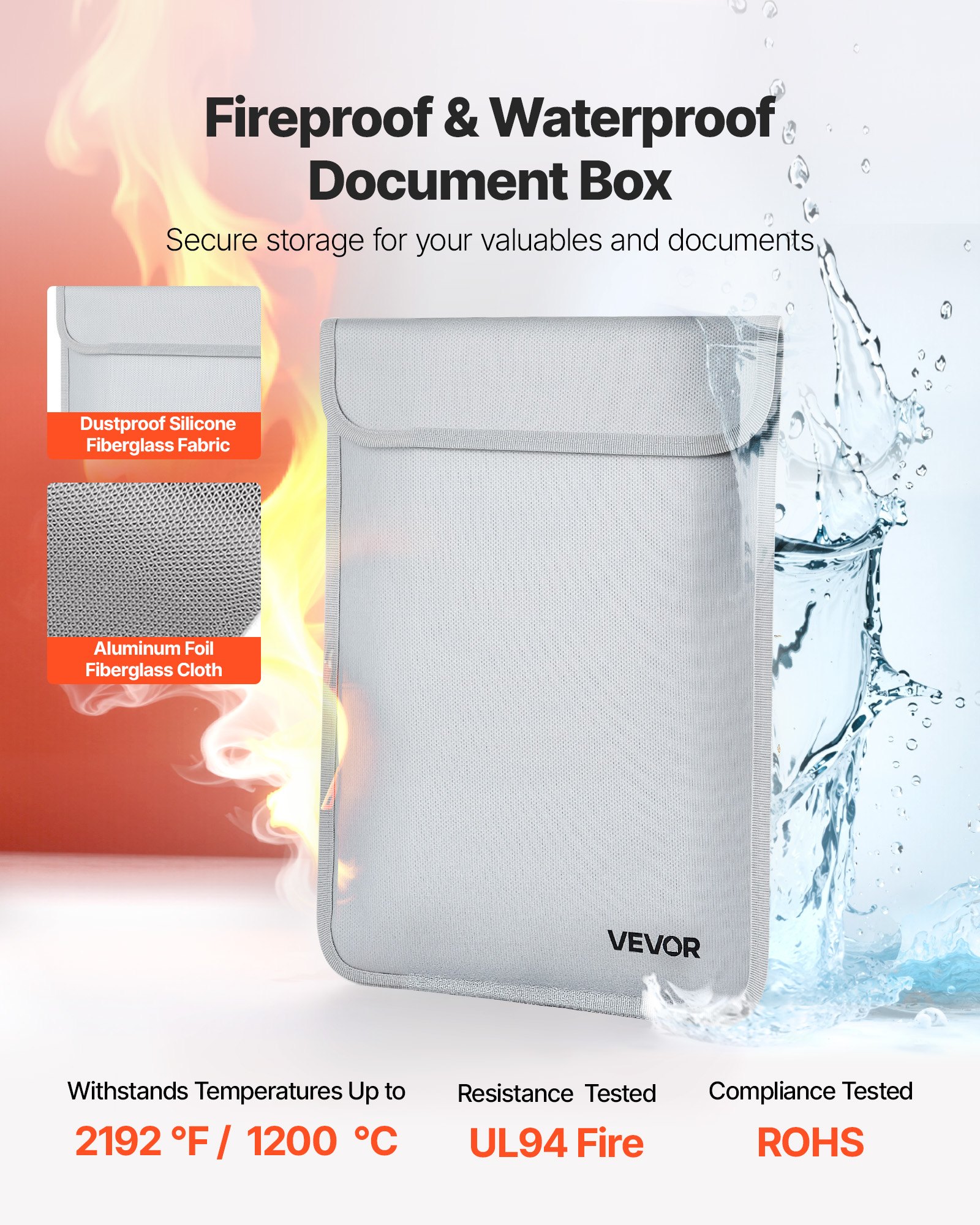 VEVOR Fireproof Document Bag, 2192 ℉ Heat Insulated Fireproof & Waterproof Bag with  Smooth Zipper, Portable File Storage Organizer Home Office Travel Use, for Passports, Important Documents, Files