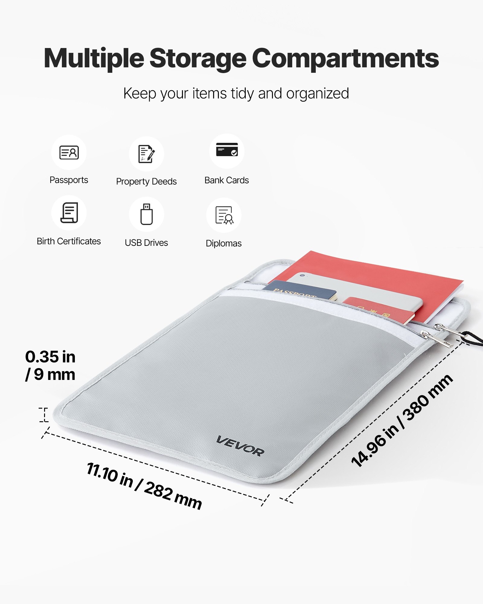 VEVOR Fireproof Document Bag, 2192 ℉ Heat Insulated Fireproof & Waterproof Bag with  Smooth Zipper, Portable File Storage Organizer Home Office Travel Use, for Passports, Important Documents, Files