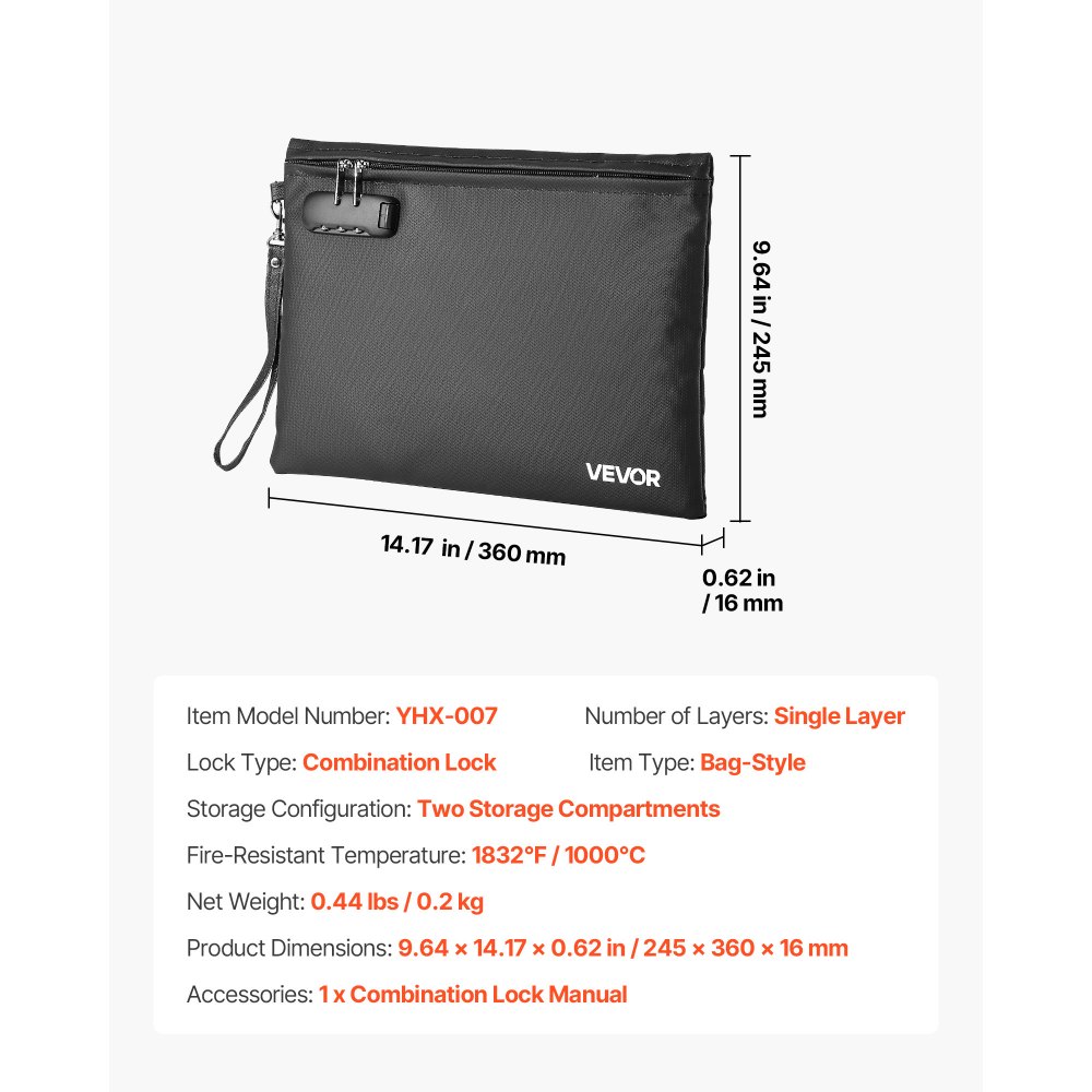 VEVOR Fireproof Document Bag, 1832 ℉ Heat Insulated Fireproof & Waterproof Bag with Lock, Portable File Storage Security Organizer Home Office Travel Use, for Passports, Important Documents & Files