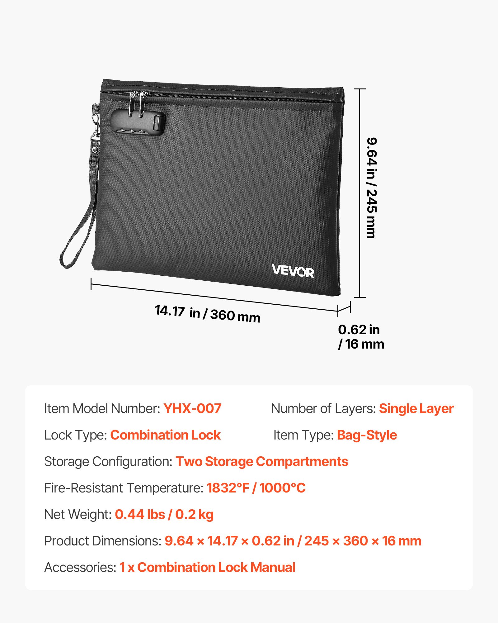 VEVOR Fireproof Document Bag, 1832 ℉ Heat Insulated Fireproof & Waterproof Bag with Lock, Portable File Storage Security Organizer Home Office Travel Use, for Passports, Important Documents & Files