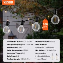 VEVOR 100FT LED Outdoor String Patio Lights Waterproof G40 Shatterproof Bulbs