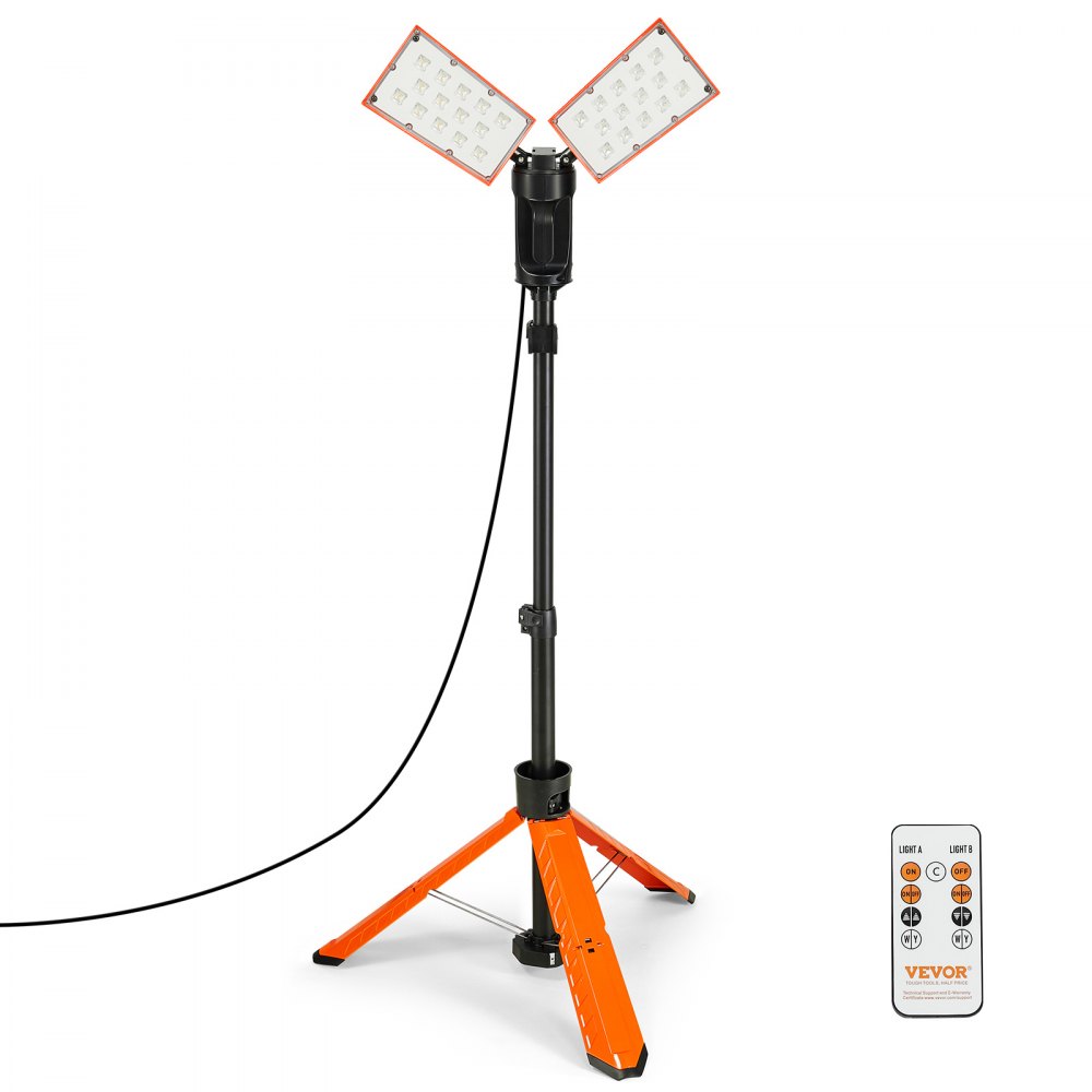 VEVOR Led Work Light, 10000 lm Led Light Stand, 2 x 50W Dual Head Work lights with stand, 27.6"-70" Height Adjustable, with Foldable Tripod Stand, Remote Control, 3-level Color Temperature Cycling