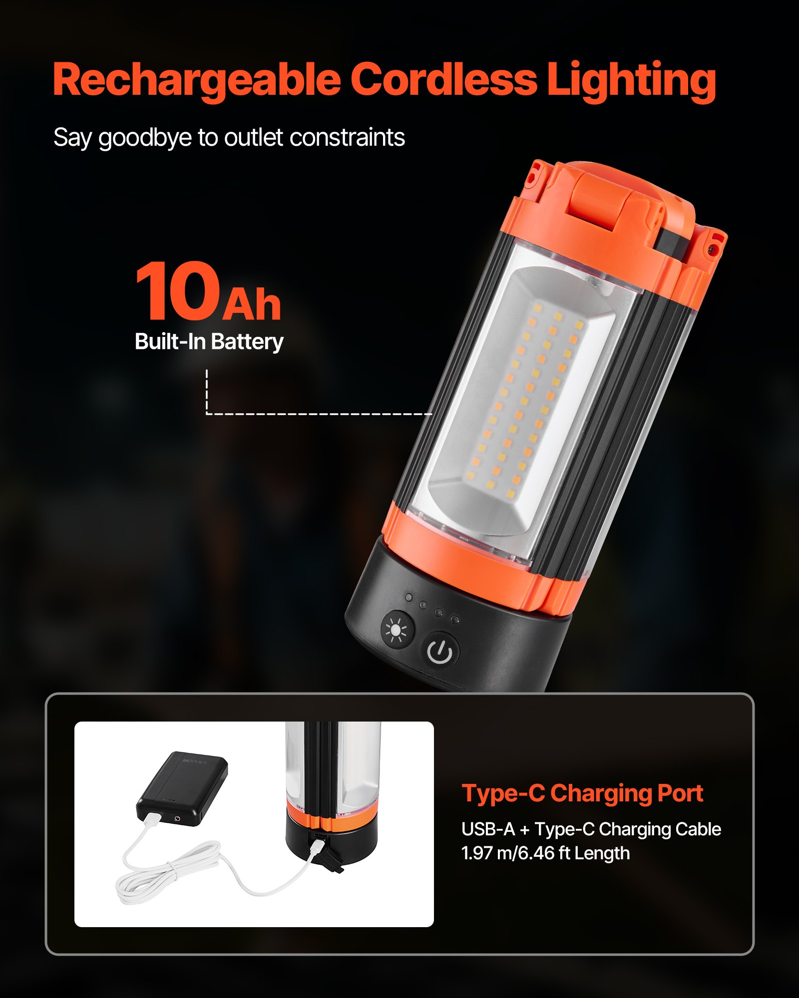 VEVOR LED Work Light with Stand, 10Ah, Rechargeable Cordless Camping Light, with 3 Lamp Heads, Detachable Tripod Stand, 2200 Lumens 3000K-6500K Dimmable, Portable Construction Lighting for Job Site
