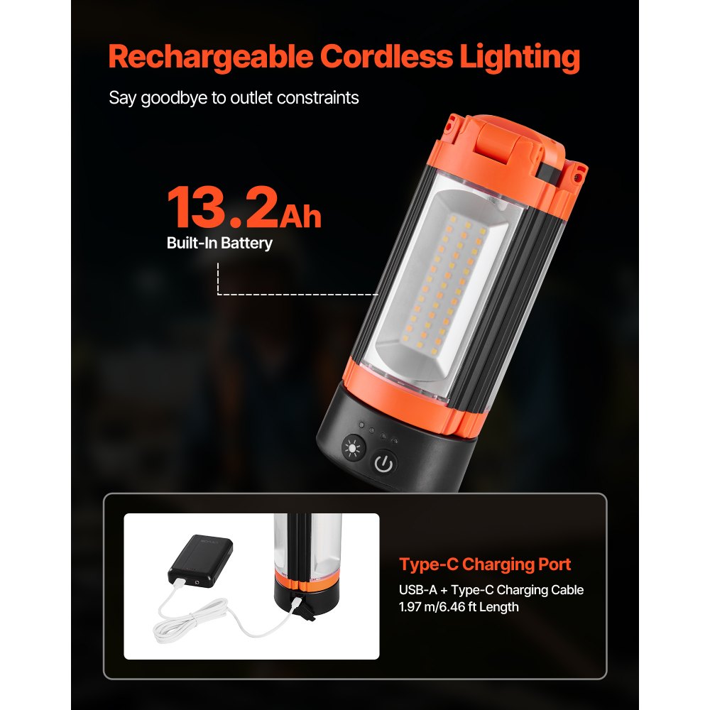 VEVOR LED Work Light with Stand, 13.2Ah, Rechargeable Cordless Camping Light, with 3 Lamp Heads, Detachable Tripod Stand, 2200 Lumens 3000K-6500K Dimmable, Portable Construction Lighting for Job Site