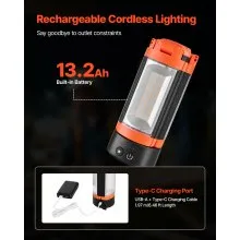VEVOR LED Work Light with Stand, 13.2Ah, Rechargeable Cordless Camping Light, with 3 Lamp Heads, Detachable Tripod Stand, 2200 Lumens 3000K-6500K Dimmable, Portable Construction Lighting for Job Site