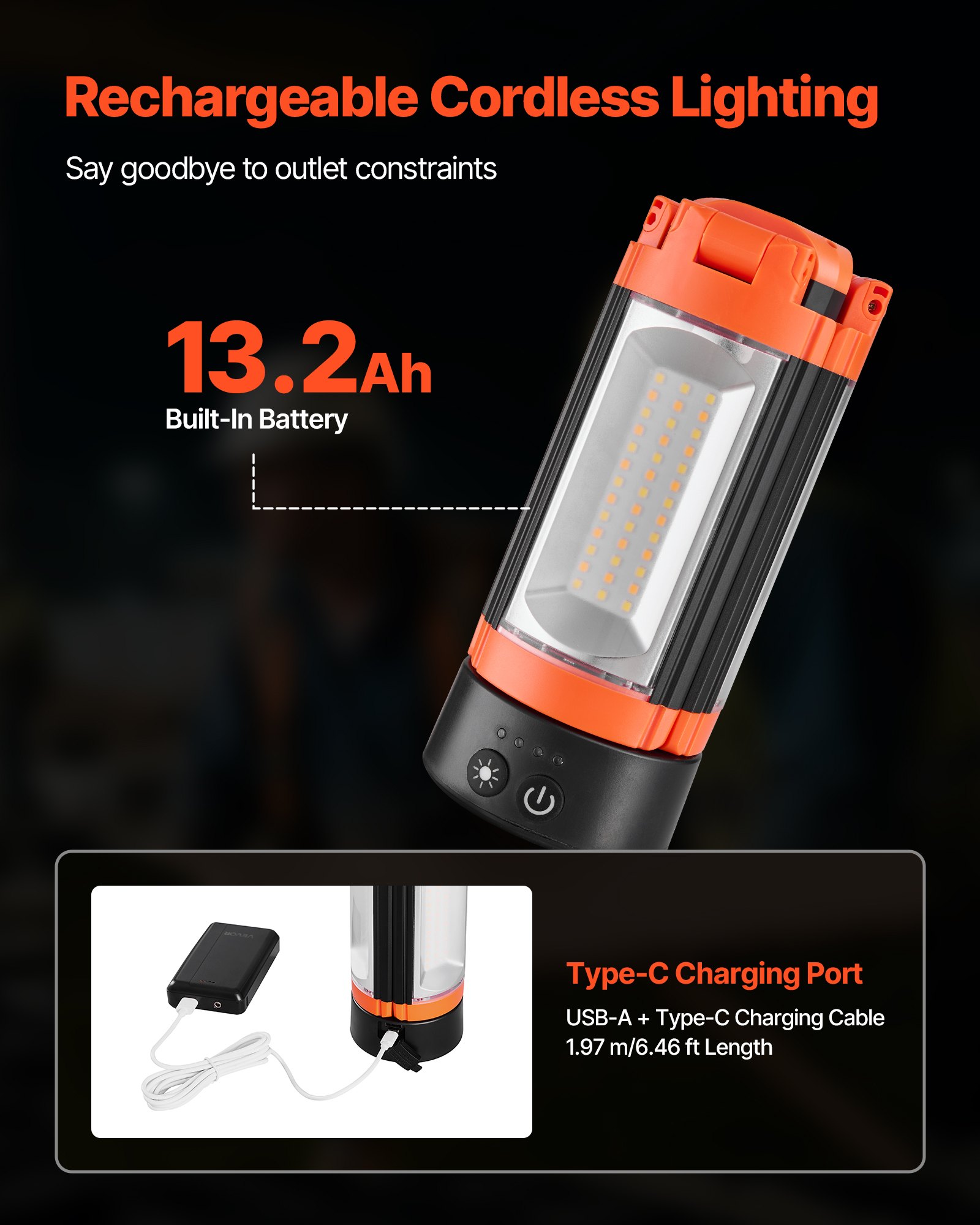 VEVOR LED Work Light with Stand, 13.2Ah, Rechargeable Cordless Camping Light, with 3 Lamp Heads, Detachable Tripod Stand, 2200 Lumens 3000K-6500K Dimmable, Portable Construction Lighting for Job Site