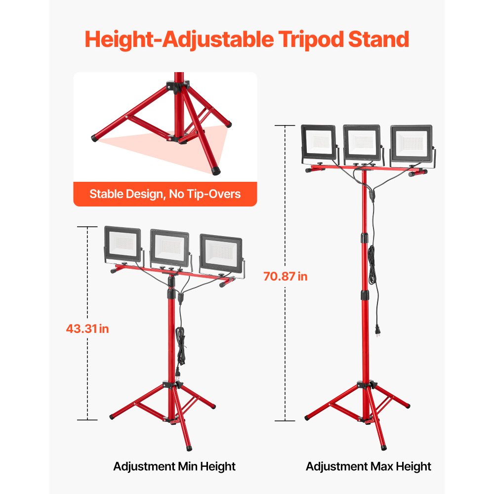 VEVOR LED Work Light with Stand, 15000 Lumens, Three-Head Portable Camping Light with Individual Switch, Tripod Stand, 10.83 ft Power Cord, for Indoor Outdoor Job Site Construction, IP65 Waterproof