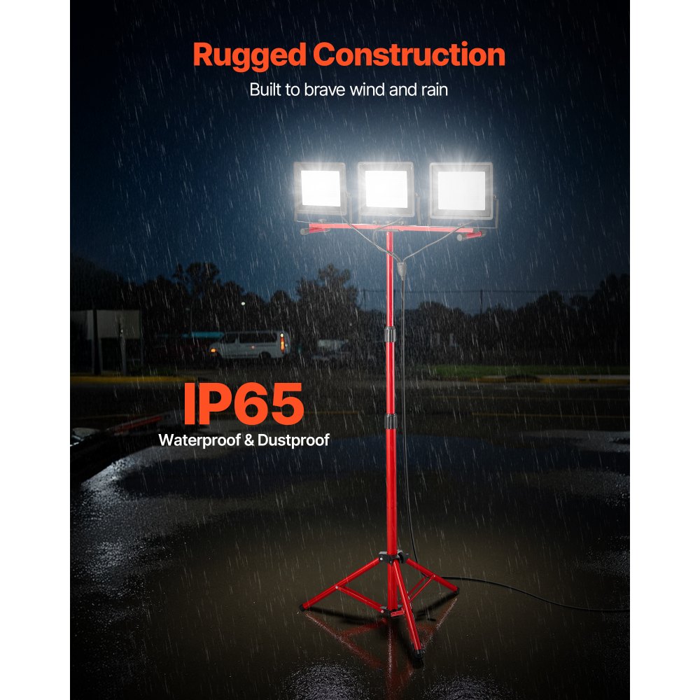 VEVOR LED Work Light with Stand, 15000 Lumens, Three-Head Portable Camping Light with Individual Switch, Tripod Stand, 10.83 ft Power Cord, for Indoor Outdoor Job Site Construction, IP65 Waterproof