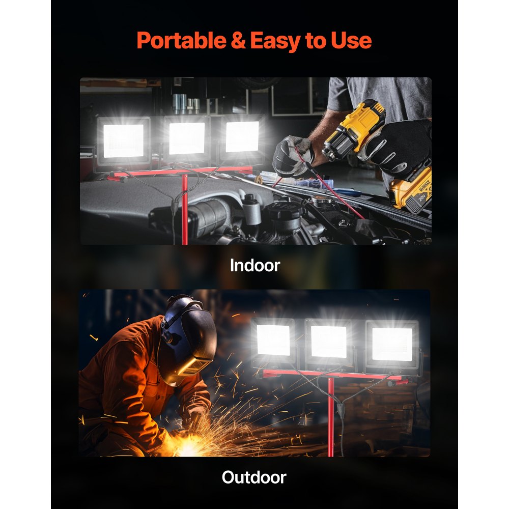 VEVOR LED Work Light with Stand, 15000 Lumens, Three-Head Portable Camping Light with Individual Switch, Tripod Stand, 10.83 ft Power Cord, for Indoor Outdoor Job Site Construction, IP65 Waterproof
