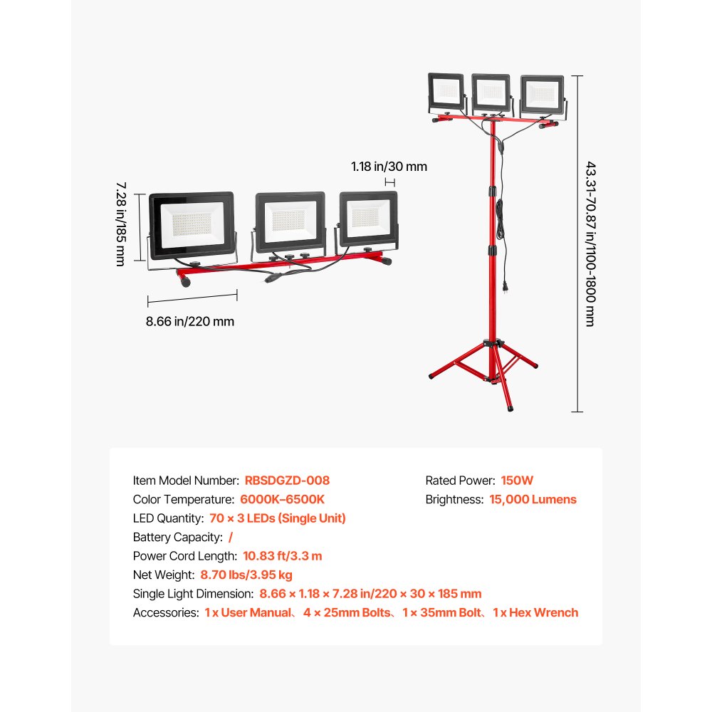 VEVOR LED Work Light with Stand, 15000 Lumens, Three-Head Portable Camping Light with Individual Switch, Tripod Stand, 10.83 ft Power Cord, for Indoor Outdoor Job Site Construction, IP65 Waterproof