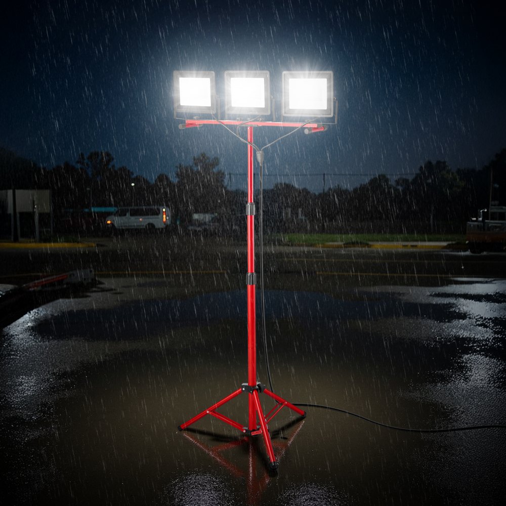 VEVOR LED Work Light with Stand, 15000 Lumens, Three-Head Portable Camping Light with Individual Switch, Tripod Stand, 10.83 ft Power Cord, for Indoor Outdoor Job Site Construction, IP65 Waterproof
