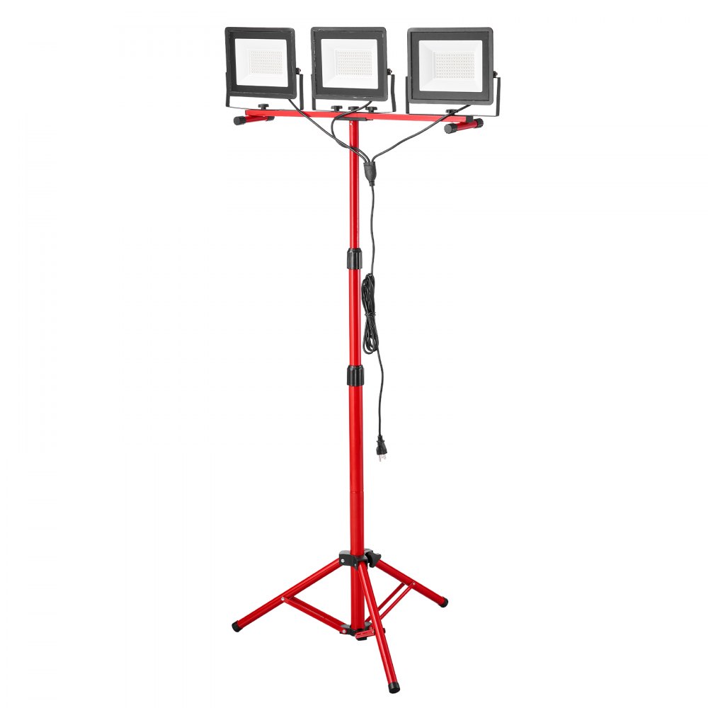 VEVOR LED Work Light with Stand, 15000 Lumens, Three-Head Portable Camping Light with Individual Switch, Tripod Stand, 10.83 ft Power Cord, for Indoor Outdoor Job Site Construction, IP65 Waterproof
