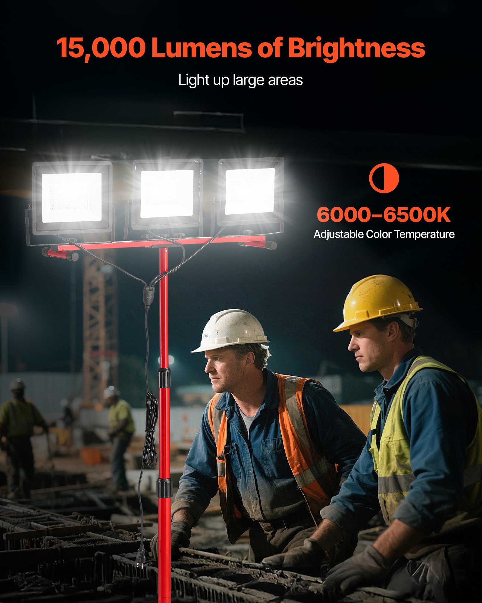 VEVOR LED Work Light with Stand, 15000 Lumens, Three-Head Portable Camping Light with Individual Switch, Tripod Stand, 10.83 ft Power Cord, for Indoor Outdoor Job Site Construction, IP65 Waterproof