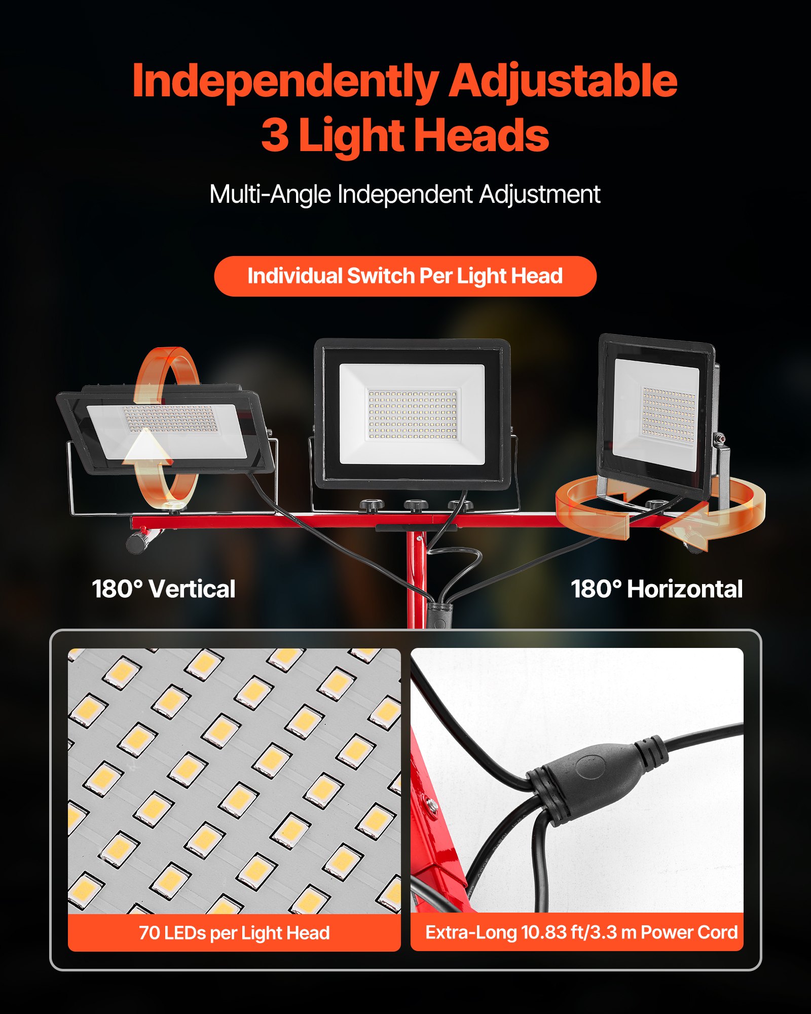 VEVOR LED Work Light with Stand, 15000 Lumens, Three-Head Portable Camping Light with Individual Switch, Tripod Stand, 10.83 ft Power Cord, for Indoor Outdoor Job Site Construction, IP65 Waterproof