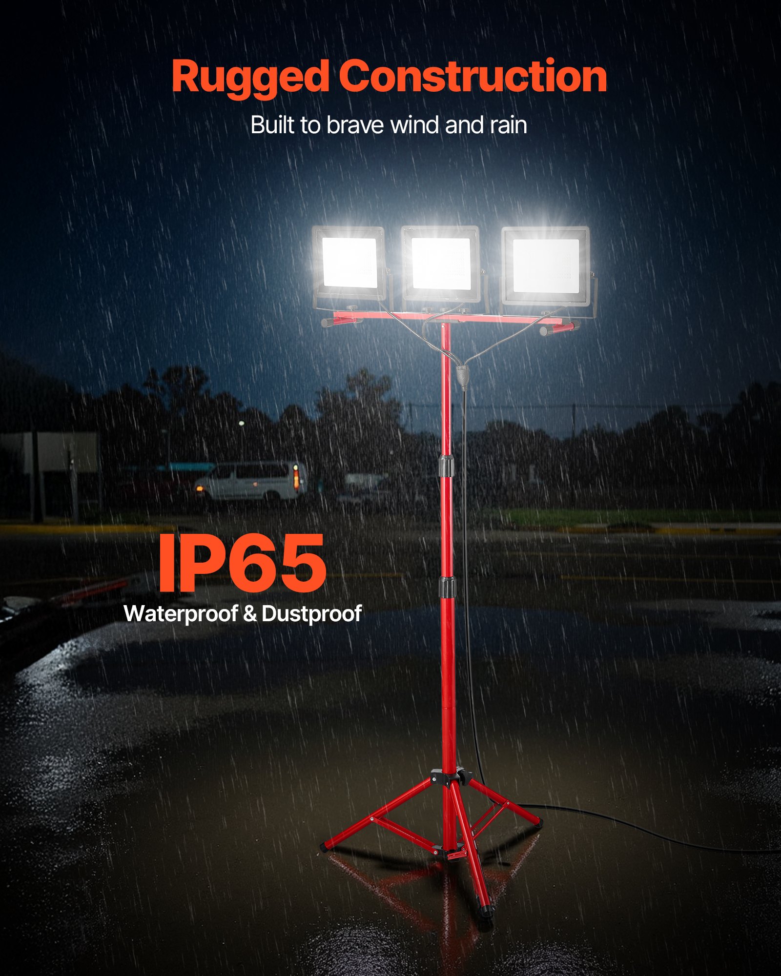 VEVOR LED Work Light with Stand, 15000 Lumens, Three-Head Portable Camping Light with Individual Switch, Tripod Stand, 10.83 ft Power Cord, for Indoor Outdoor Job Site Construction, IP65 Waterproof