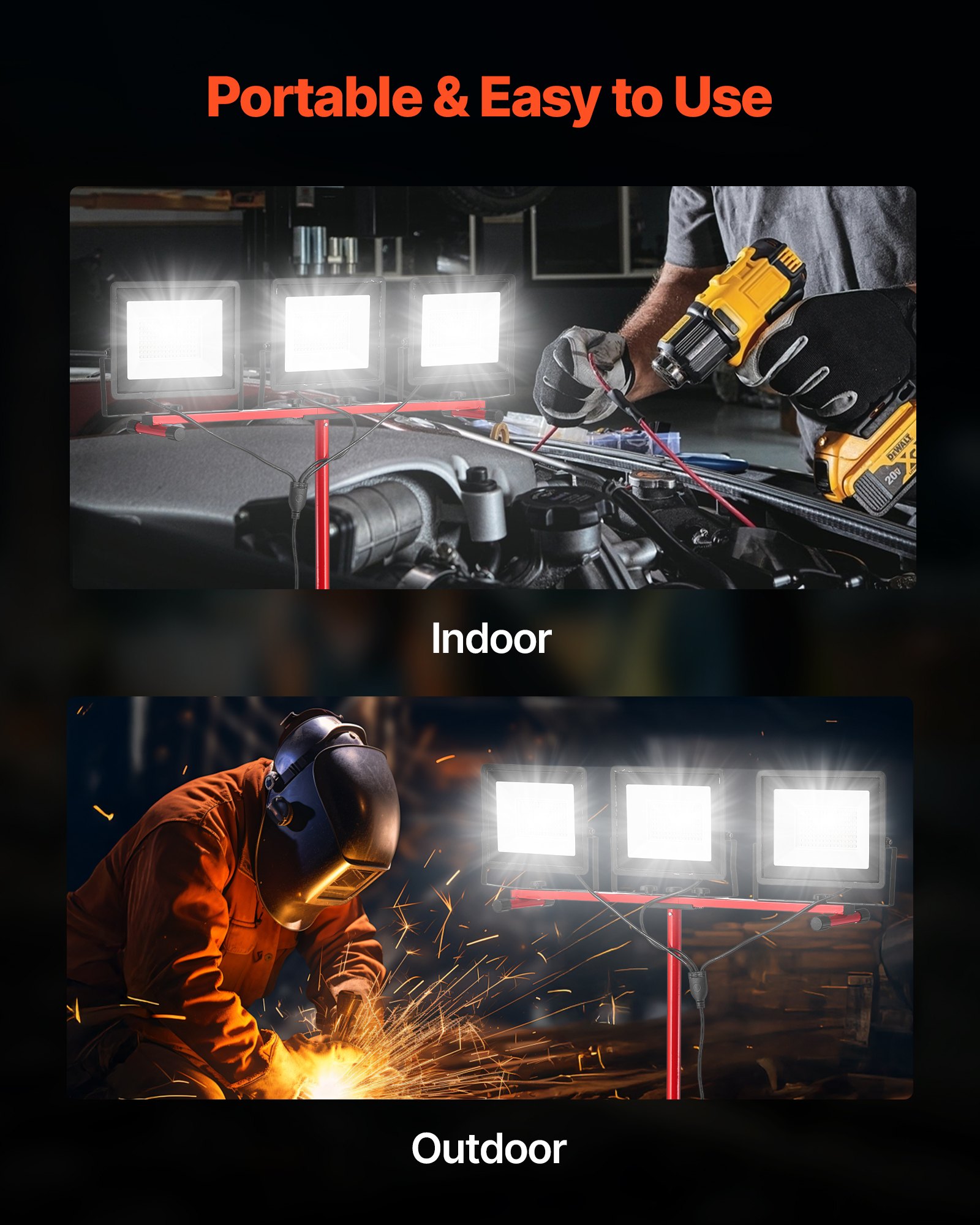 VEVOR LED Work Light with Stand, 15000 Lumens, Three-Head Portable Camping Light with Individual Switch, Tripod Stand, 10.83 ft Power Cord, for Indoor Outdoor Job Site Construction, IP65 Waterproof