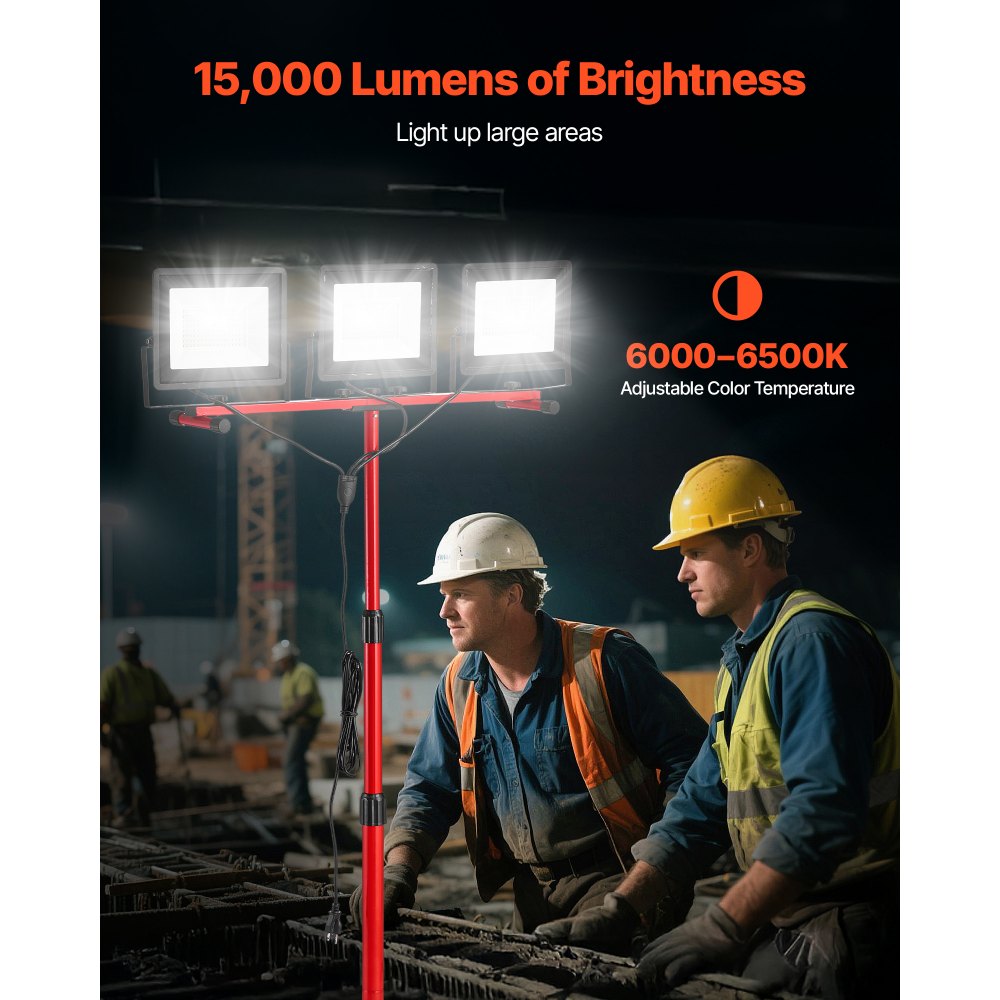 VEVOR LED Work Light with Stand, 15000 Lumens, Three-Head Portable Camping Light with Individual Switch, Tripod Stand, 3.3 m Power Cord, for Indoor Outdoor Job Site Construction, IP65 Waterproof