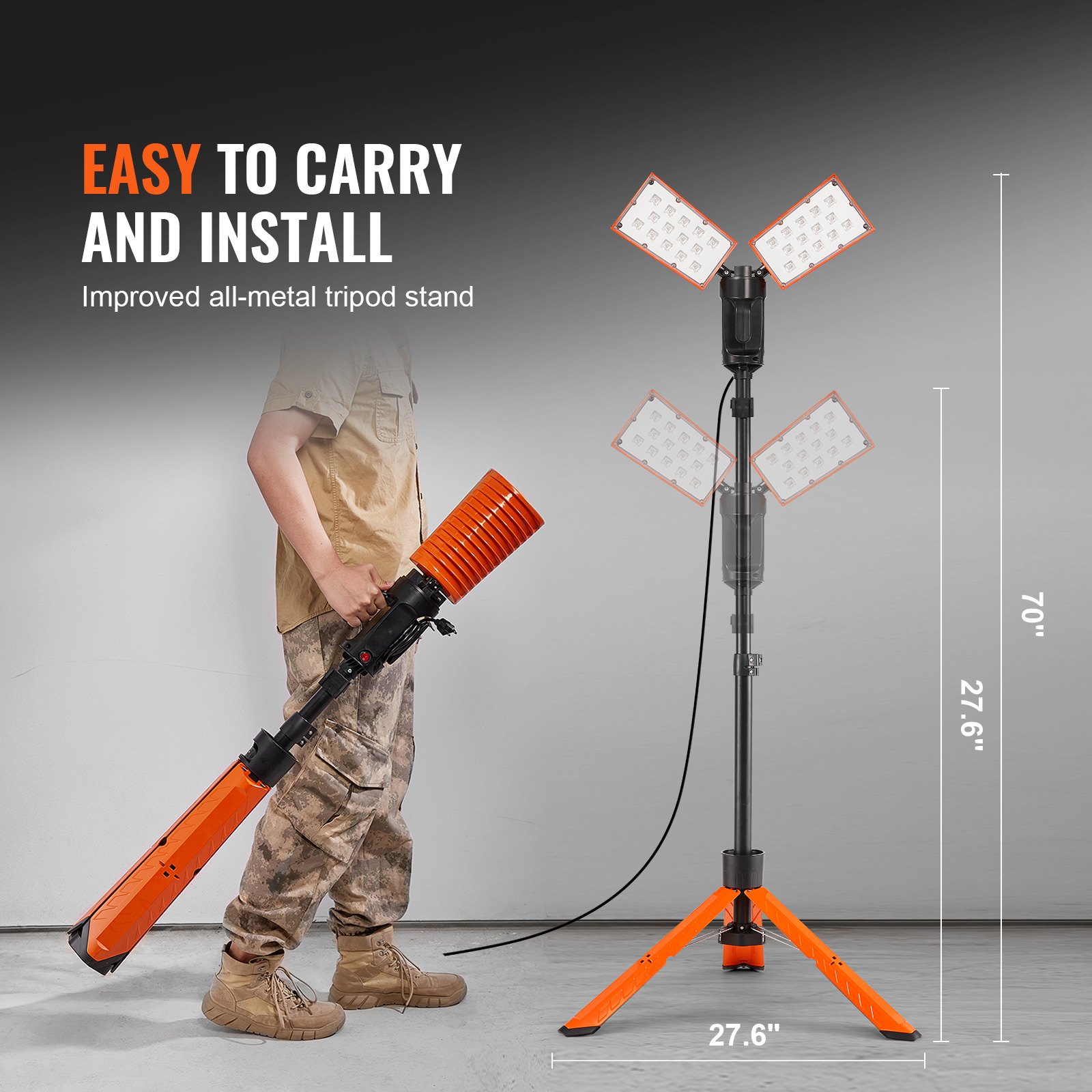 VEVOR Led Work Light 20000lm, Work lights with Stand Dual Head 200w, 27.6"-70" Height Adjustable, with Foldable Tripod Stand & Remote Control, Brightness & Temperature Adjustment