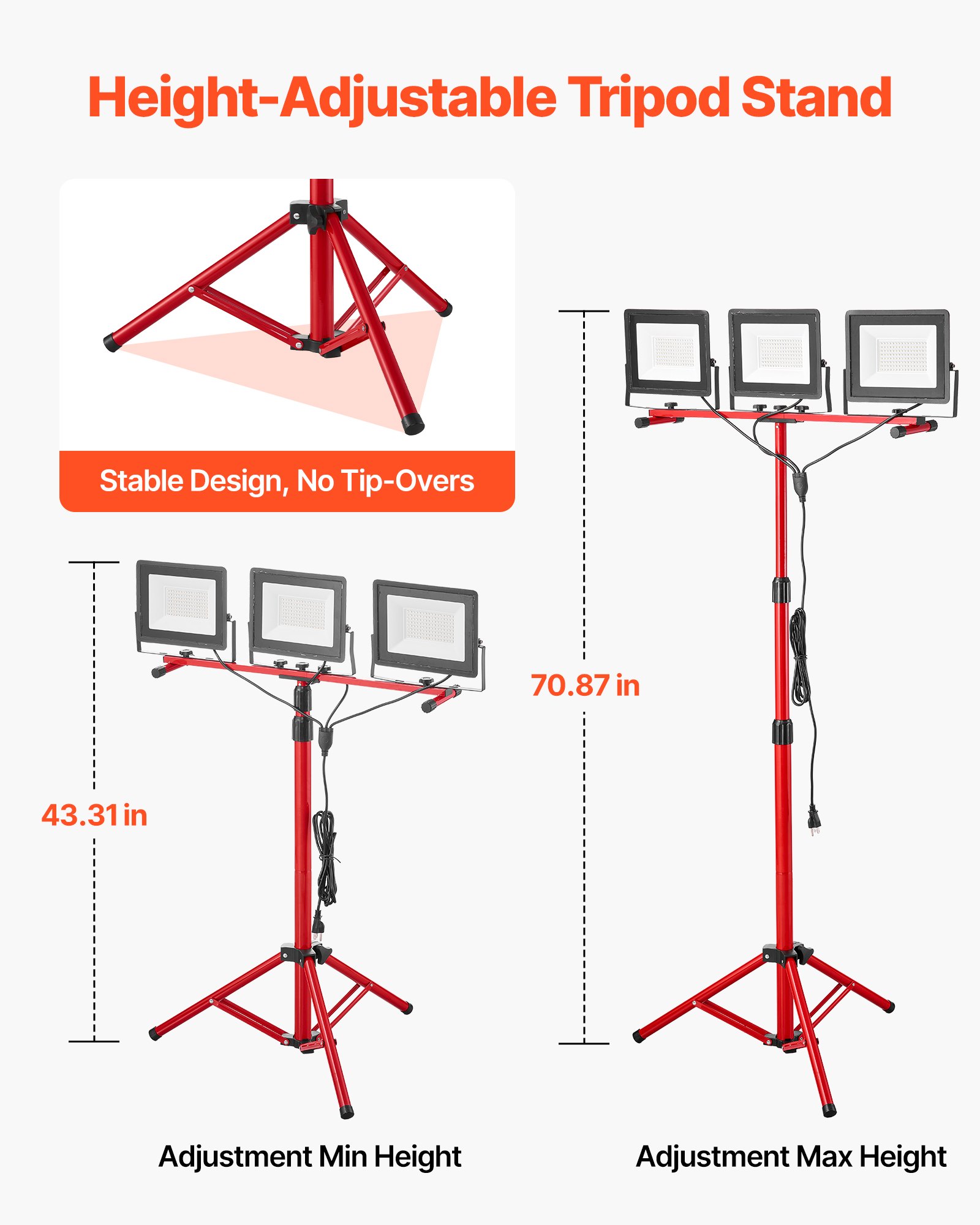 VEVOR LED Work Light with Stand, 21000 Lumens, Three-Head Portable Camping Light with Individual Switch, Tripod Stand, 10.83 ft Power Cord, for Indoor Outdoor Job Site Construction, IP65 Waterproof