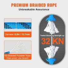 VEVOR 12.7mm Static Climbing Rope, 45.7M(150ft) Outdoor Rock Climbing Rope 32KN Breaking Tension, Fiber Rope with Steel Snap Hooks for Escape, Rappelling, Fire Rescue, Blue