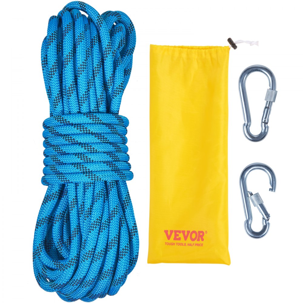 VEVOR Static Climbing Rope, 64 ft Outdoor Rock Climbing Rope with 26KN Breaking Tension, 0.4'' /10mm High Strength Safety Rope, Escape Rope with 2pcs Carabiner and Storage Bag