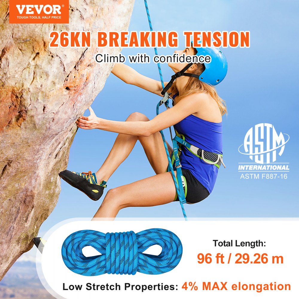 VEVOR Static Climbing Rope, 96 ft Outdoor Rock Climbing Rope with