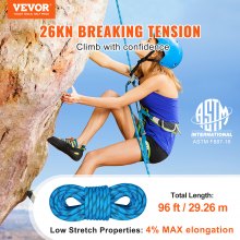 VEVOR Cuerda de escalada estática, cuerda de escalada en roca para exteriores de 96 pies con tensión de rotura de 26 KN, cuerda de seguridad de alta resistencia de 0,4 ''/10 mm, cuerda de escape con 2 mosquetones y bolsa de almacenamiento