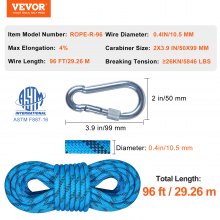 Corde d'escalade statique VEVOR, corde d'escalade extérieure de 96 pieds avec tension de rupture de 26KN, corde de sécurité haute résistance de 0,4 ''/10 mm, corde d'évasion avec 2 mousquetons et sac de rangement