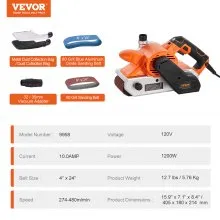 VEVOR 10AMP Belt Sander, 4" x 24" Belt Sanders for Woodworking with 6 Speeds 274-480 m/min, Powerful Sander Machine with 2 in 1 Vacuum Adapter, 2 Dust Bags, 2 Sanding Belts