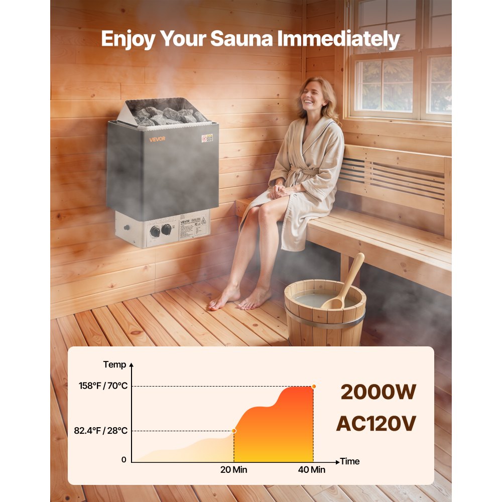 VEVOR Sauna Heater, 2KW AC 120V Electric Sauna Stove, Dry Steam Bath Saunas Stove with Pre-Drilled Bracket, Fit 52.9 to 88.2 CU.FT Saunas Rooms, Steam Bath Stoves for Home, Commercial, Leisure Venues
