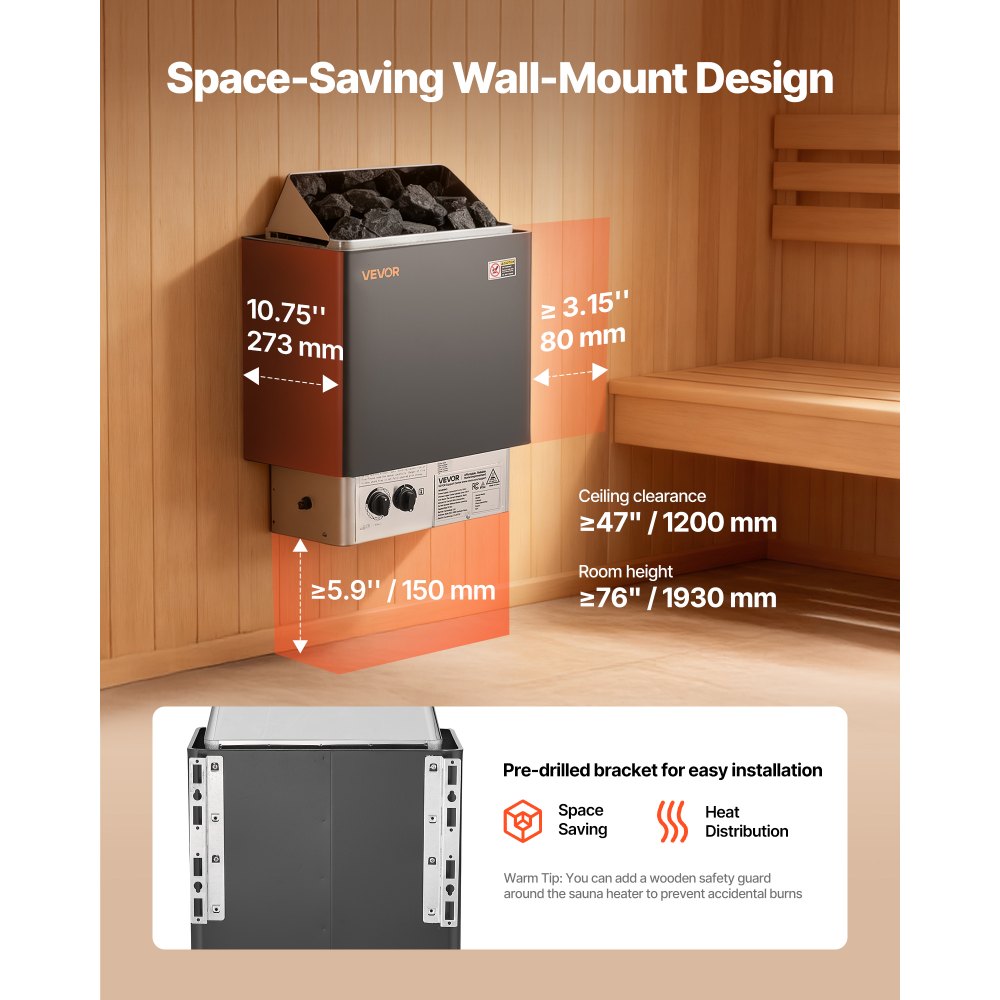 VEVOR Sauna Heater, 2KW AC 120V Electric Sauna Stove, Dry Steam Bath Saunas Stove with Pre-Drilled Bracket, Fit 52.9 to 88.2 CU.FT Saunas Rooms, Steam Bath Stoves for Home, Commercial, Leisure Venues