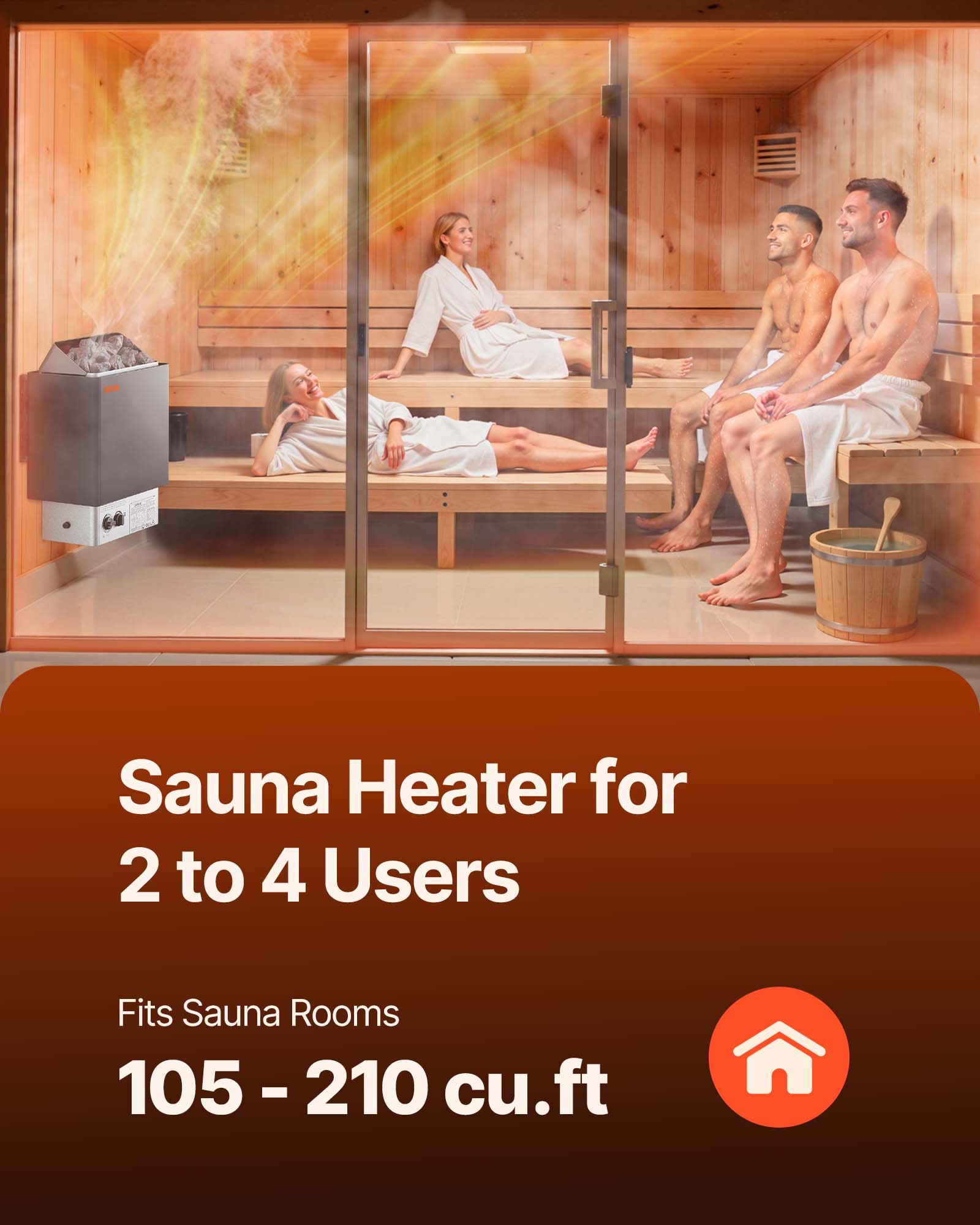 VEVOR Sauna Heater, 4.5KW 220V Electric Sauna Stove, Steam Bath Sauna Heater with Built-In Controls, 3h Timer and Adjustable Temp for Max. 105-210 Cubic Feet, Home Hotel Spa Shower Use